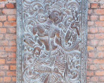 Vintage Blue Krishna Fluting Carving, Barn Door Panel, Dancing Krishna Carved Wood Wall Hanging, Sculpture Panel, Artistic DECOR