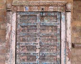 Antique Indian Door, Distressed Blue Teak Doors, Carved Urn of Prosperity, Brass Stars, Old World, 83X57