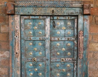 Interior And Exterior Doors, ANTIQUE INDIAN DOOR Teak Wood Hand Carved Blue Haveli Doors, Brass Distressed Doorway Moroccan Decor 19c