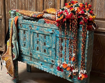 Antique Boho Damchiya Chest | Vintage Blue Indian Console | Old Banjara Mirror Work Storage Box  | Narrow Rajasthani Trunk
