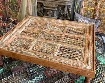 Rustic Coffee TABLE, Old Jharokha Coffee Table, Vintage Sunset Hues Distressed Accent Table, Farmhouse Decor
