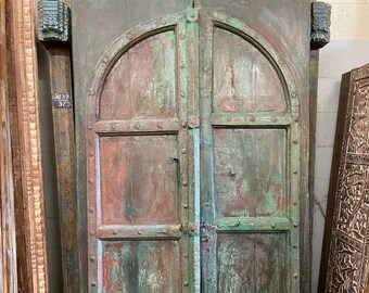 Antique Indian Door, Teal Green Doors, Rustic Teak Door, Garden Door, JAIPUR Mehrab Door, Unique Eclectic 87x46 CLEARANCE SALE