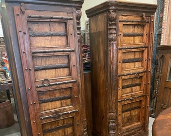2 Rustic Armoire, Corner Cabinet Pair, Old Doors Carved Wall Cabinet, Reclaimed Wood Storage Chest, Farmhouse Cabinet Chests