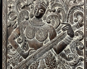 Rustic Carved Barn Door, Wall Sculpture Reclaimed Wood Indian Art, Saraswati Playing Veena with Swan, Goddess of MUSIC, Unique Eclectic