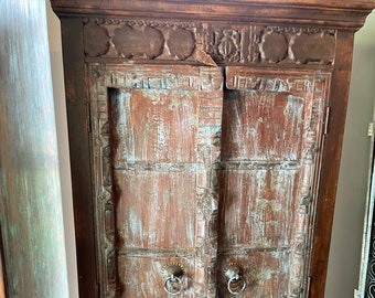 Jaipur Antique Armoire, Carved Teak Cabinet, Rustic Cabinet, Indian RUSTIC Blue Cabinet, Farmhouse Storage Eclectic Bohemian Decor
