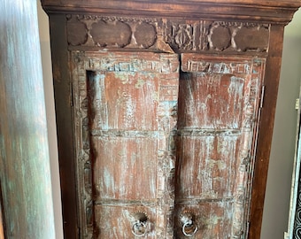 Jaipur Antique Armoire, Carved Teak Cabinet, Rustic Cabinet, Indian RUSTIC Blue Cabinet, Farmhouse Storage Eclectic Bohemian Decor