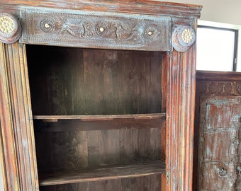 Antique Bookcase, Farmhouse Storage Bookshelf, Reclaimed Wood Bookshelf, Distressed Blue, Cowrie shells, Unique Eclectic Decor