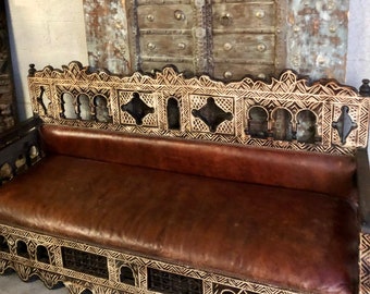 Handmade solid wood carved sofa, Antique Moorish Sofa, Bench, Carved Wood Leather Sofa Burnt Red Hand Carved Sofa, Eclectic Interior Decor