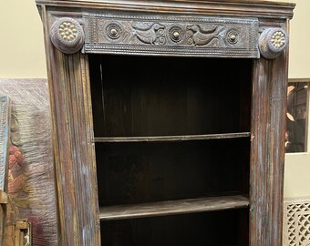 Rustic Blue Bookcase, Cowrie Shells, Vintage Tall Bookshelf Carved Wood Book Shelf Boho Farmhouse Interior DEsign