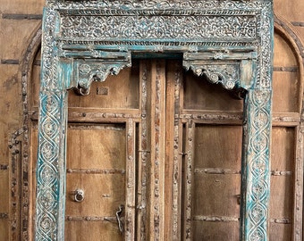 Antique Arch from India, Carved Teak, Scalloped Archway, Rustic Teak Doorway, Vintage Blue Arch Floor Mirror, Architectural Design 99x60