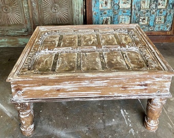 Antique Indian Whitewash Old Door Coffee Tables, Repurposed Door Chai Table, Cocktail Table, Side Table, Country, Unique Eclectic, 36x27