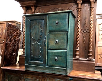 Reclaimed Teak Sideboard Buffet Console Table, Hand carved Blue Wooden Buffet Nightstand, Side Table Solid Wood With 3 Drawers Console Chest