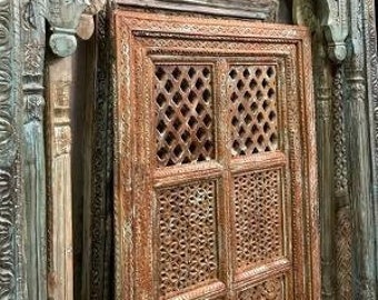 Vintage Window, Carved Indian Jharokha, Wall Decor, Rustic Tuscan Hues Wooden Carved Jali Window Architectural Decor