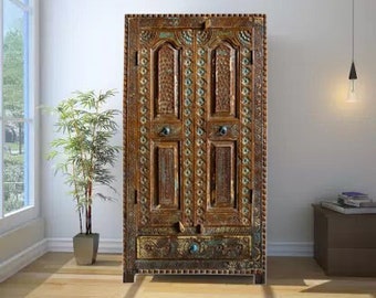 Antique Indian Armoire, Green Hues, Display Cabinet, Teak, Farmhouse, Statement Decor, Floral Hand-carved 59x32