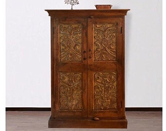 Antique Armoire from India, Teak Wood, Craved Accent Cabinet, Bedroom Chest, Storage Cabinet, 55