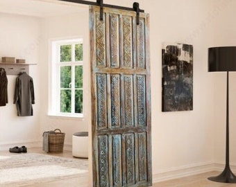 India Carved Waves Blue Hues Sliding Barn Door, Custom, Interior, Hinged Doors, Farmhouse Pantry Door, Bedroom Door 96