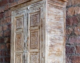Whitewash Indian Carved Armoire, Antique Armoire, Vintage Inspired Carved Storage Armoire, Rustic Modern Farmhouse Cabinet, 74x39