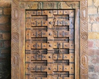 Antique Indian Doors, Rustic Ancient HAVELI Doors, Ganesha Antique Door w/ Frame, Old World Architecture 19c