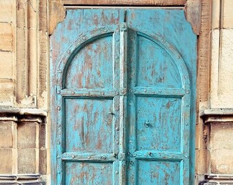Turquoise Antique Door, Indian Arched Mehrab Door, Vintage Painted Teak Wood Door, Rustic Garden Doors, Barn Door Panels, Pair, 87x46