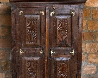 Antique Chakra Old Door Cabinet Rustic Patina, Organic Accent Armoire, Farmhouse Kitchen Sunrays Carved Storage Eclectic  RESERVED