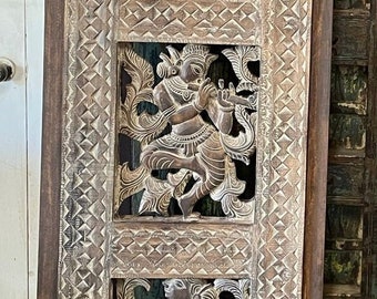 Krishna Carved Barn Door, Sliding Barndoor, Krisna Playing Flute With Gopis, Indian Door, Wall Art, Holistic Sculpture Door Panel 90x23.5