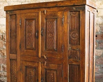 Antique Cabinet, Rustic Spanish Carved Teak Wood Cabinet, Country Farmhouse Armoire, Boho Unique Eclectic Bar Cabinet