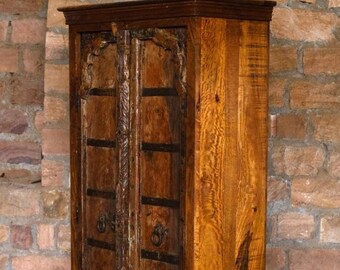 Rustic Armoire, Wardrobe Cabinet, Vintage Reclaimed Wood, Handcarved Tall Chest, Farmhouse Decor Old World Elements