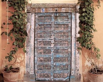 Antique Indian Doors & Frame Rustic Doors With Brass Detailing Unique Spanish Style Architecture Teak Garden Door, 83x57