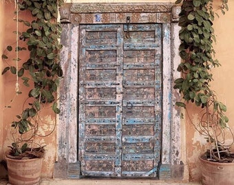 Haveli Antique Indian Doors With Frame, Rustic Blue Doors With Brass Detailing, Unique Architecture Garden Door 19c, 83x57