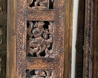 Krishna Carved Barn Door, Sliding Barndoor, Krisna Playing Flute With Gopis, Indian Door, Wall Art, Holistic Sculpture Door Panel 90x23.5