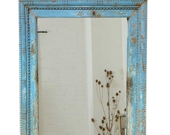 Free Standing Antique Door Mirror Frame, Antique Blue Large Wall Mirror Frame on live edge base, Rustic Blue Reclaimed Teak