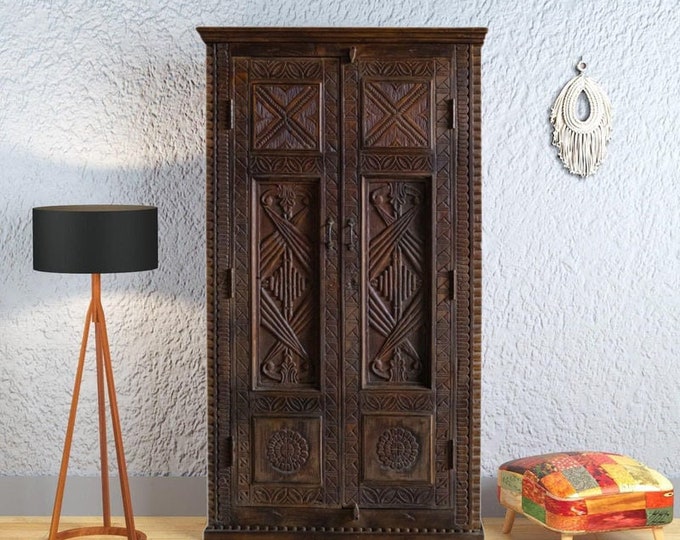 Antique Black Armoire, Distressed Dark Woods Beautiful Carving