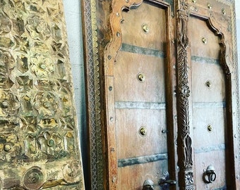 Antique Indian Door, Handcarved BARNDOOR, Distressed Rustic Teak Brass Iron Barn Doors, Original Patina Doors, Farmhouse Decor