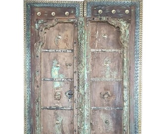 Rustic Green Barn Door Panel Pair, Vintage Teak Brass Iron Doors, Original Patina Sliding Doors Panel, Farmhouse Decor