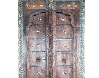 Vintage Rustic Door Panels, Barn Doors, Pair of Teak Doors, Brass Iron Metal Studs, Handmade Doors Panel, Rustic Interior Design