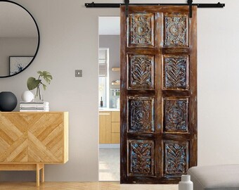 Hand Carved Door, Organic Nature Doors, Rustic Barndoor, Blue Hues, 8 Paneled Doors, Sliding Doors, Interior, Bypass, Bathroom Door, 84x36