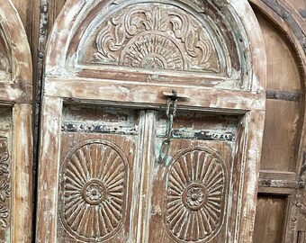Antique Arched Door from India, Farmhouse Rustic Doors, Sunray Carved Teak Exterior Doors, Unique Eclectic, Whitewash Carved Doors