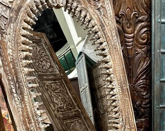 Large Oval Wall Mirror, Distressed White, Rustic Intricate Carved Boho Wall Mirror, Statement Decor