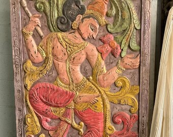 Vintage Carved Door Panel, Krishna Playing Flute with His Cow in Jungle Door Panel, Artistic Elements, Wall Sculpture Panel