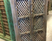 Antique Indian Blue Cabinet Latticed window Hand Carved Wooden Storage ECLECTIC FARMHOUSE COUNTRY Armoire