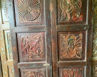 2 Antique Lotus Carved Doors, Rustic Red Barndoors, Eclectic Farmhouse Barn Door, Unique Boho Chic Decor