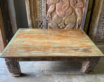 Boho Chai Coffee Table, Rustic Wood Flat Top Table, Accent Furniture, Vintage Unique Carved Door Patio Table