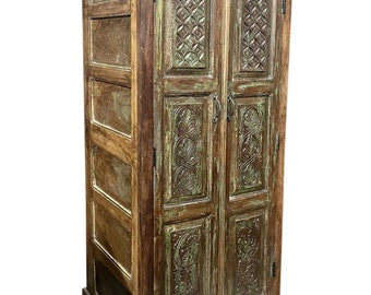 Antique Armoire, Artistic Carved Cabinet Rustic Boho Eclectic NATURAL WOOD, Accent Storage Earthing Old World Design