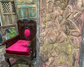 Vintage Ganesh Panel , Ganesha Wood Sculpture, Artistic Handcarved Colorful Wall Decor, Yoga At Home MINDFUL Decor