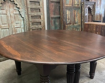 Antique Burmese Teak Round Table, Double Column Base, 8 Seater Dining Table, Pillar Legs, Rustic Farmhouse Furniture 19c