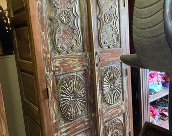Rustic Ornate Armoire, Carved Medallions Cabinet, Unique Old World, Reclaimed Wood, Wardrobe, Blue Ochre Hues, Handcrafted Wardrobe