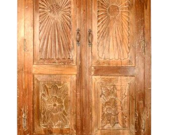 Holistic Antique Cabinet, Tall Cabinet Chest, Sunrays, Carved Teak, Eclectic Furniture, Armoire with Two Bottom Drawers Rustic Farmhouse