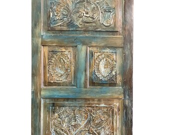 Vintage Indian Door, Carved Blue Door, Headboard, Rustic Teak Wood Panel, One of a Kind, Barn Door, Farmhouse Door Panel