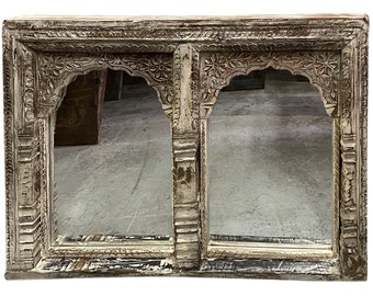 Vintage Arch White Wash Mirror, Hand Carved Jharokha Wall Mirror, Traditional Natural Reclaimed Wooden Carved Window MIRROR Rustic Decor