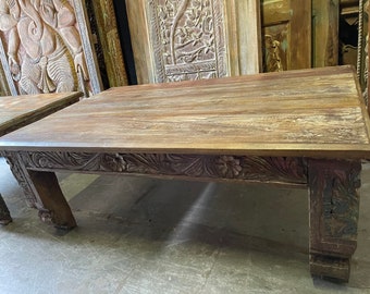 Vintage Carved Table, CHAI Table, Coffee Table, Rustic Tones Hand Crafted Door, Flat Top, Carved Sides Accent Vintage Tables